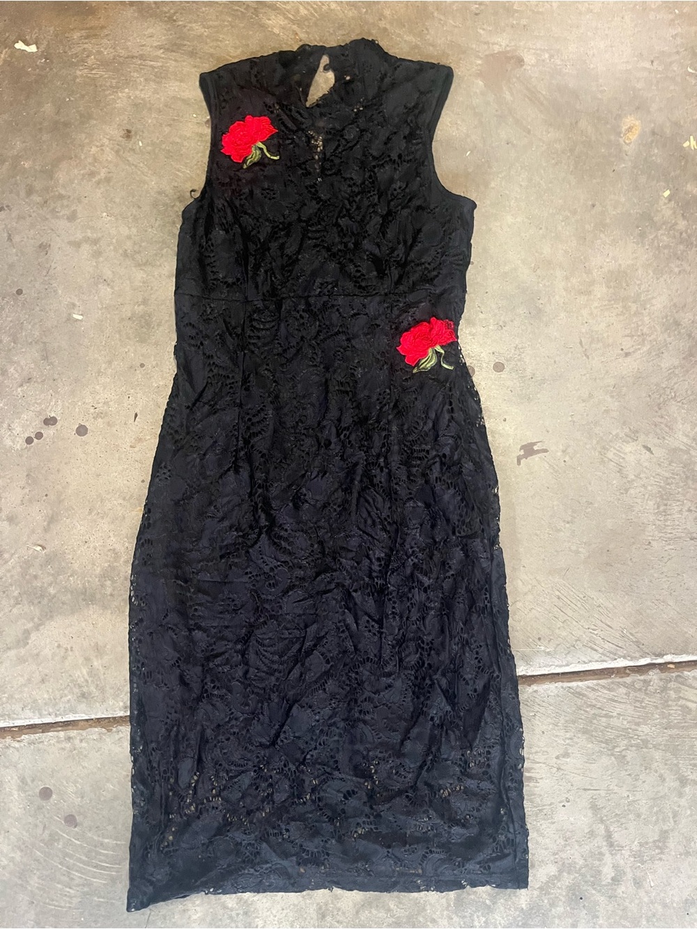 Black Lace Midi Dress with Red Floral Appliqués